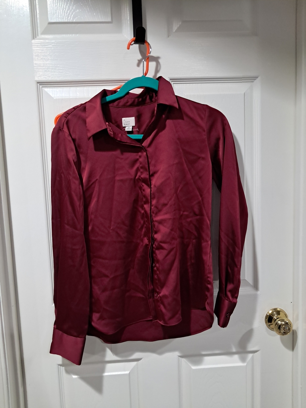 a new day Burgundy Satin Button-Up Blouse